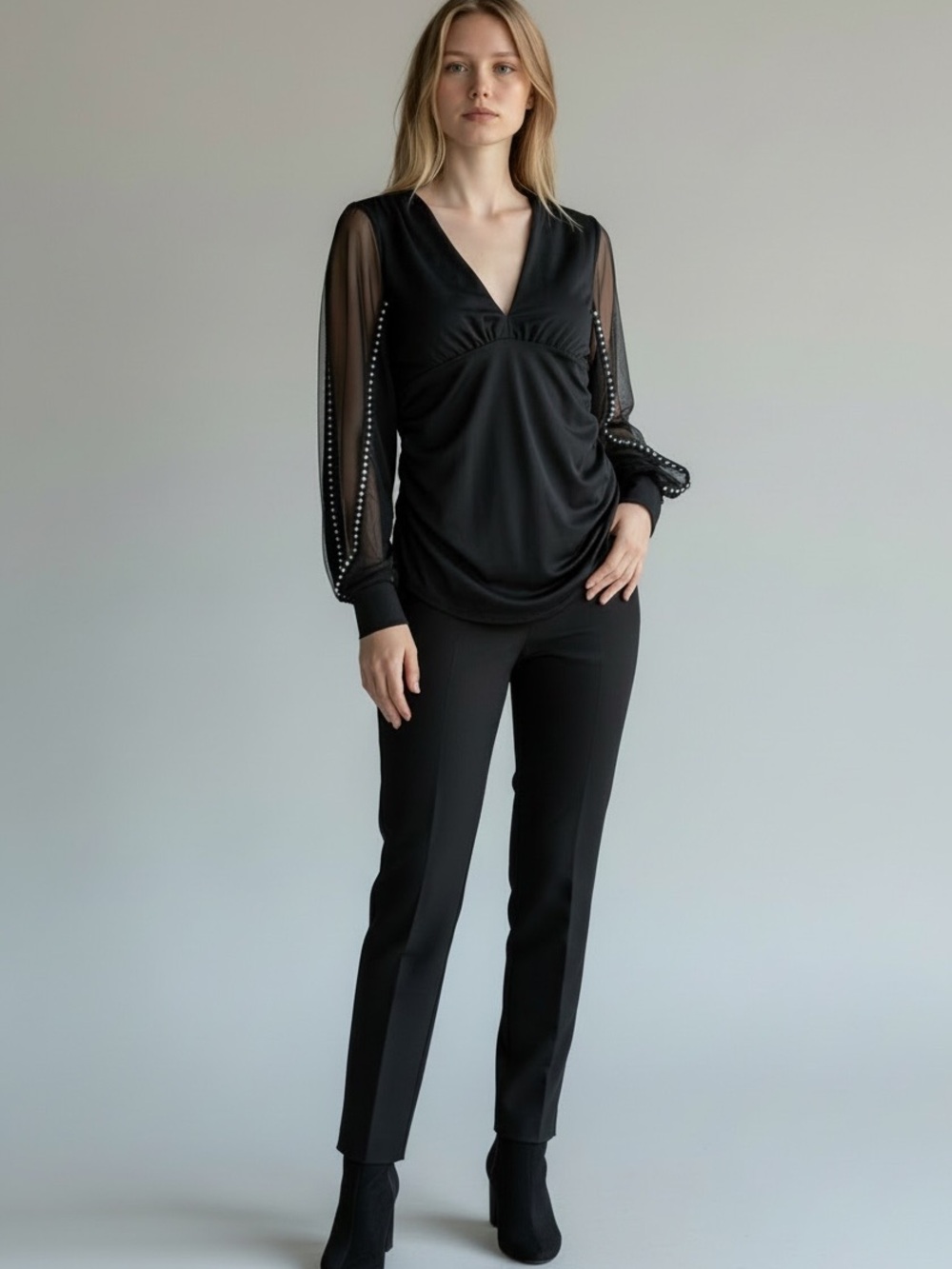 Black V Neck Dress Shirt with pearl like details